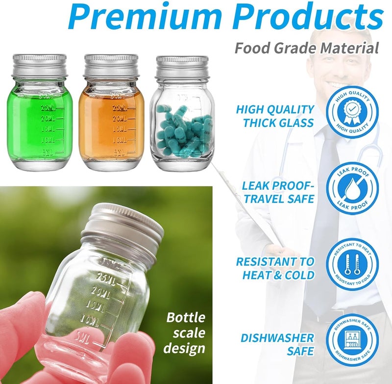 eispap 12 PC Glass medicine bottles 1oz 30 ml Glass Reagent Bottles Transparent Sample Jar,Wide Mouth,Screw Cap with Scale for Home, Argent Lid - Image 5